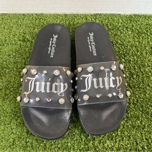 Juicy Couture Wyllamina Black Slides with Rhinestones and Pearls Size 6